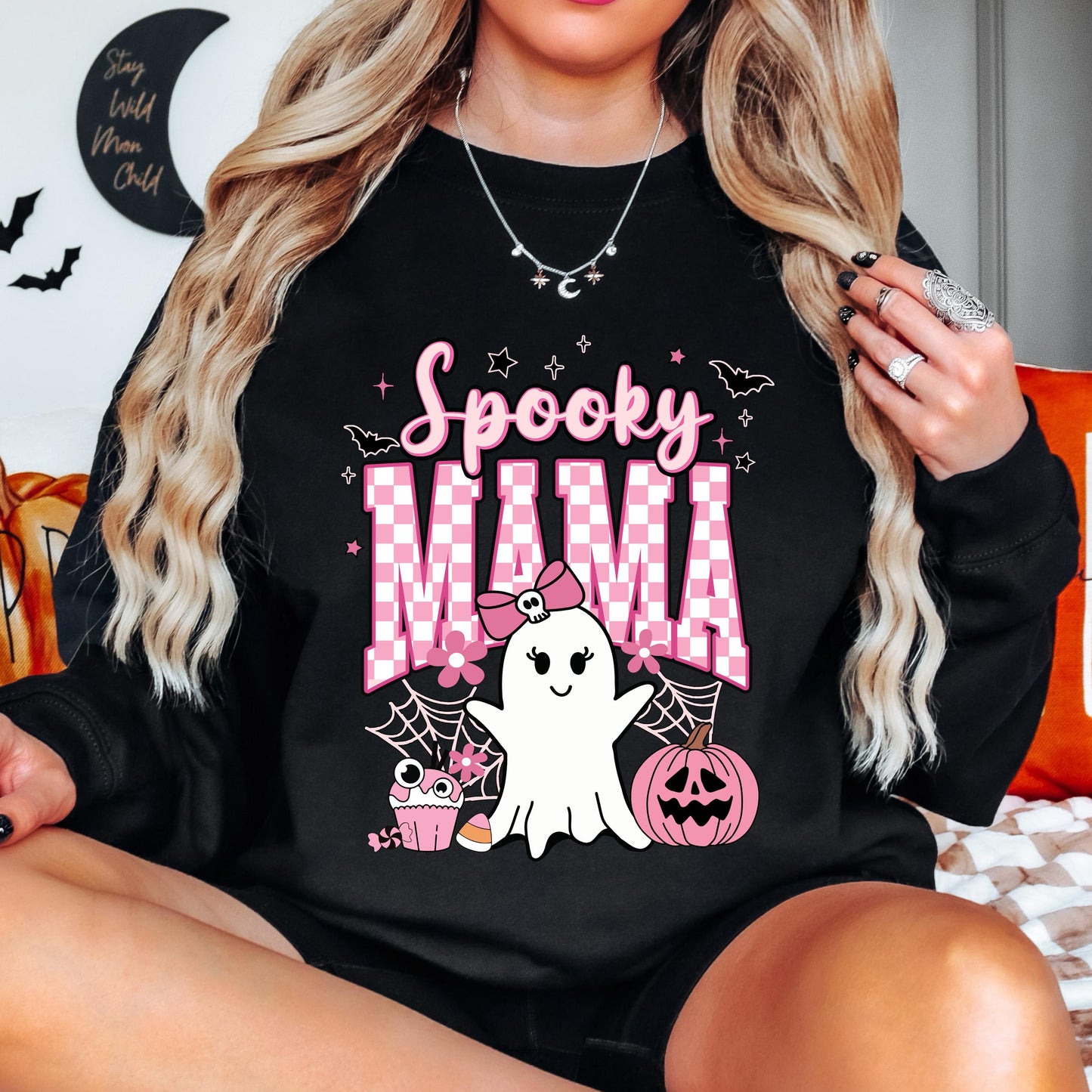 Spooky Mama Halloween Sweatshirt, Cute Ghost Crewneck, Pink Halloween Sweatshirt, Coquette Ghost Sweatshirt, Fall Gift
