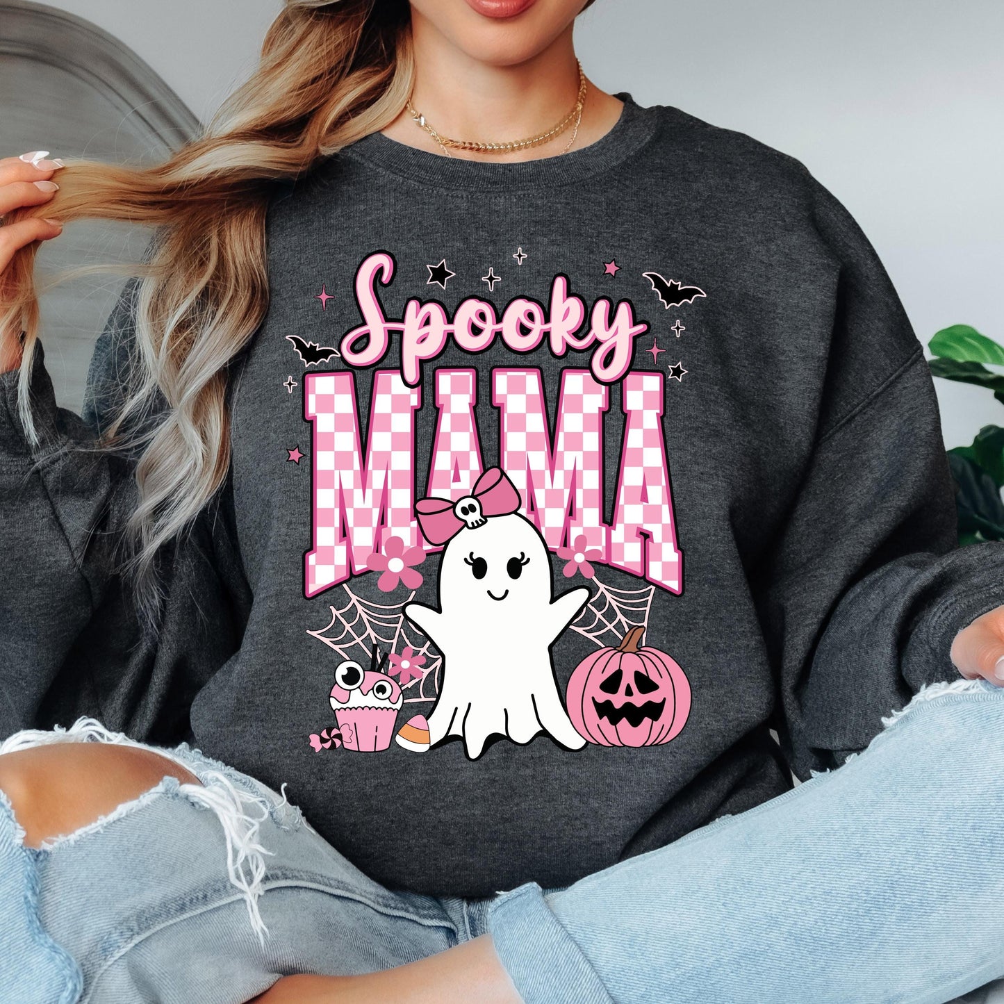 Spooky Mama Halloween Sweatshirt, Cute Ghost Crewneck, Pink Halloween Sweatshirt, Coquette Ghost Sweatshirt, Fall Gift