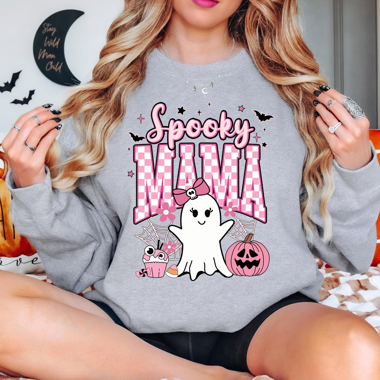 Spooky Mama Halloween Sweatshirt, Cute Ghost Crewneck, Pink Halloween Sweatshirt, Coquette Ghost Sweatshirt, Fall Gift