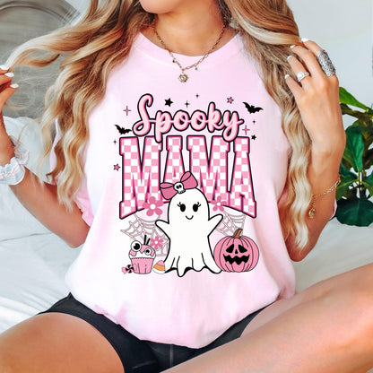 Spooky Mama Halloween Shirt, Cute Ghost T Shirt, Pink Ghost Graphic Tee, Coquette Halloween Shirt, Spooky Season Tee