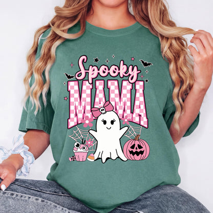 Spooky Mama Halloween Shirt, Cute Ghost T Shirt, Pink Ghost Graphic Tee, Coquette Halloween Shirt, Spooky Season Tee