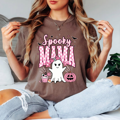 Spooky Mama Halloween Shirt, Cute Ghost T Shirt, Pink Ghost Graphic Tee, Coquette Halloween Shirt, Spooky Season Tee