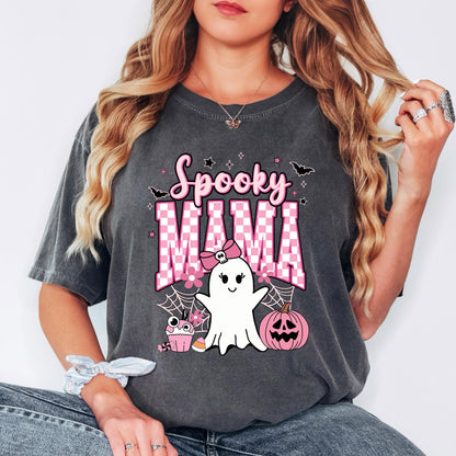 Spooky Mama Halloween Shirt, Cute Ghost T Shirt, Pink Ghost Graphic Tee, Coquette Halloween Shirt, Spooky Season Tee