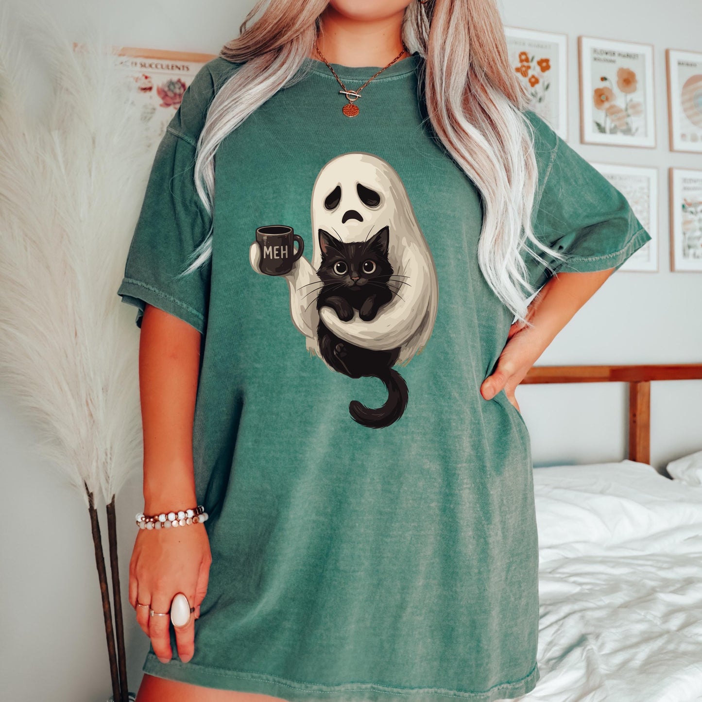 Ghost Cat Coffee Halloween Shirt, Cute Ghost Cat Shirt, Black Cat Halloween Tee, Comfort Colors Shirt