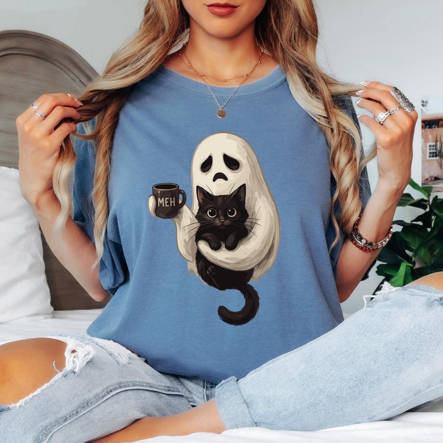 Ghost Cat Coffee Halloween Shirt, Cute Ghost Cat Shirt, Black Cat Halloween Tee, Comfort Colors Shirt