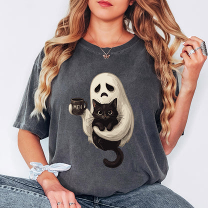 Ghost Cat Coffee Halloween Shirt, Cute Ghost Cat Shirt, Black Cat Halloween Tee, Comfort Colors Shirt