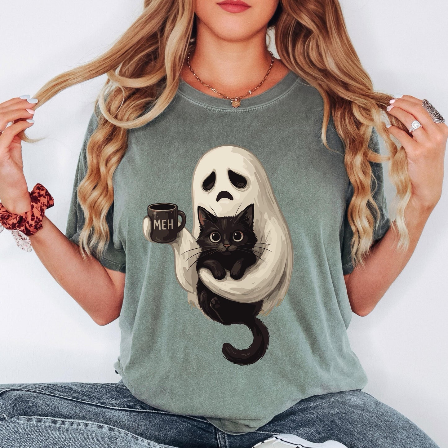 Ghost Cat Coffee Halloween Shirt, Cute Ghost Cat Shirt, Black Cat Halloween Tee, Comfort Colors Shirt