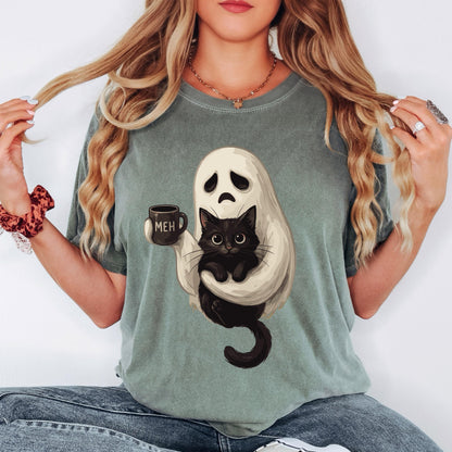 Ghost Cat Coffee Halloween Shirt, Cute Ghost Cat Shirt, Black Cat Halloween Tee, Comfort Colors Shirt