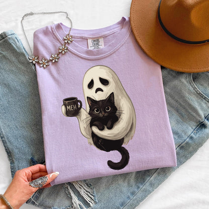 Ghost Cat Coffee Halloween Shirt, Cute Ghost Cat Shirt, Black Cat Halloween Tee, Comfort Colors Shirt