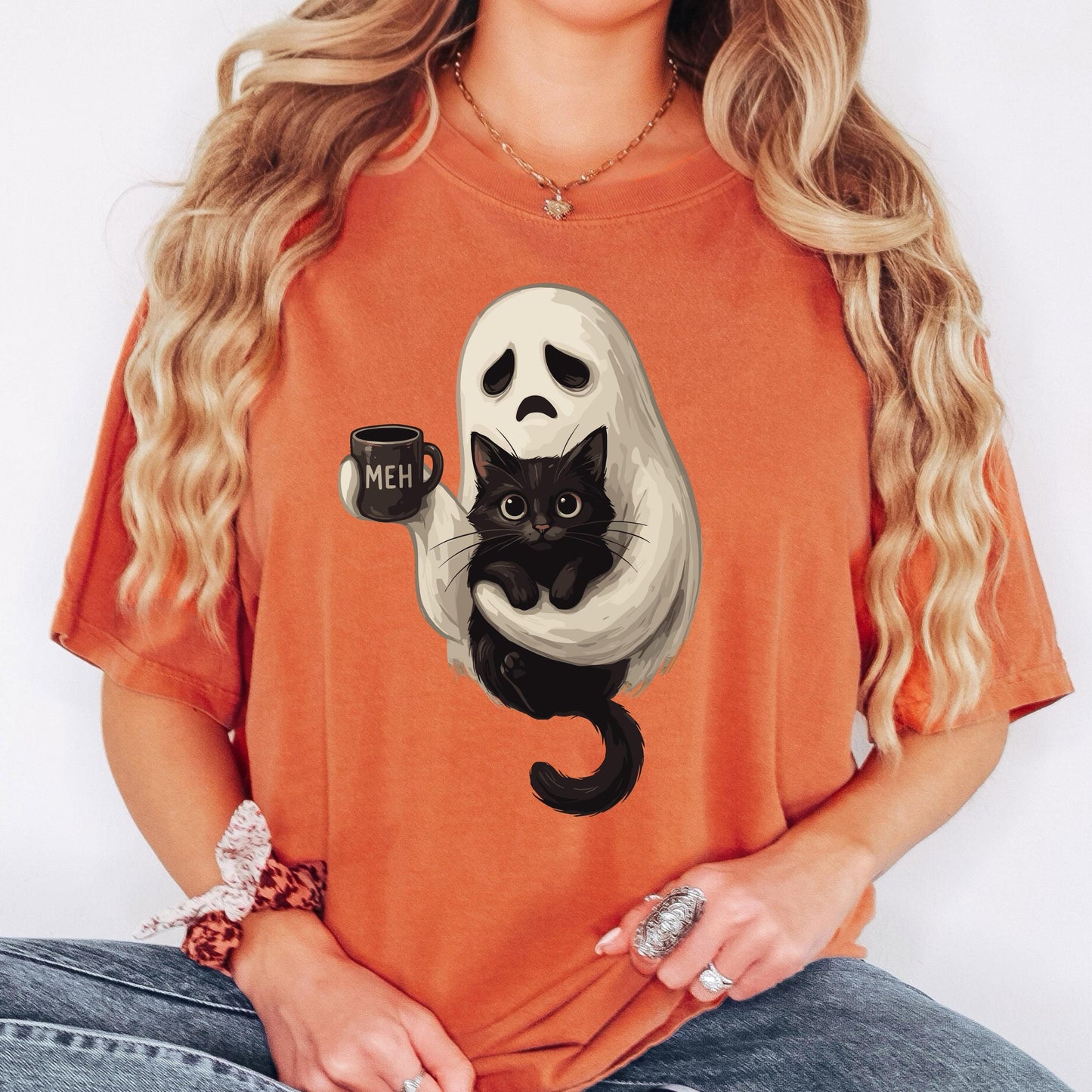 Ghost Cat Coffee Halloween Shirt, Cute Ghost Cat Shirt, Black Cat Halloween Tee, Comfort Colors Shirt