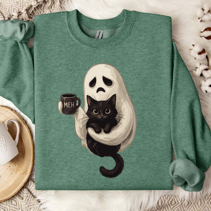 Ghost Cat Coffee Halloween Sweatshirt, Cute Ghost Cat Sweatshirt, Black Cat Halloween Sweatshirt