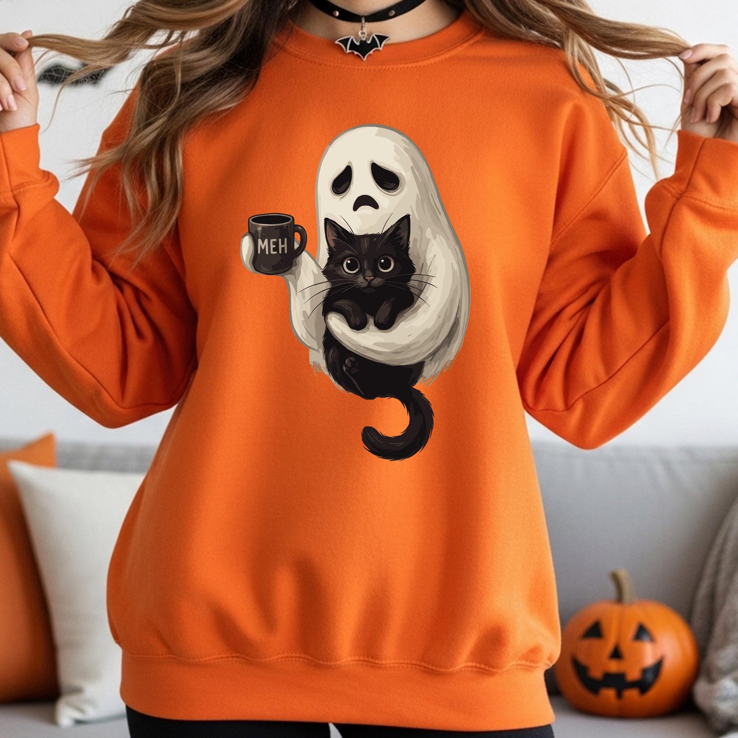 Ghost Cat Coffee Halloween Sweatshirt, Cute Ghost Cat Sweatshirt, Black Cat Halloween Sweatshirt
