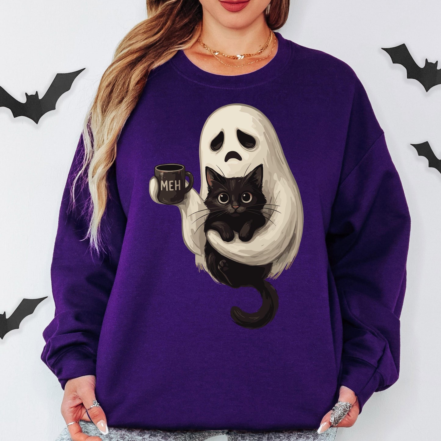 Ghost Cat Coffee Halloween Sweatshirt, Cute Ghost Cat Sweatshirt, Black Cat Halloween Sweatshirt