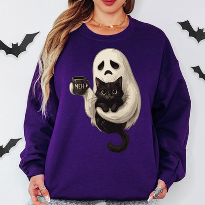 Ghost Cat Coffee Halloween Sweatshirt, Cute Ghost Cat Sweatshirt, Black Cat Halloween Sweatshirt