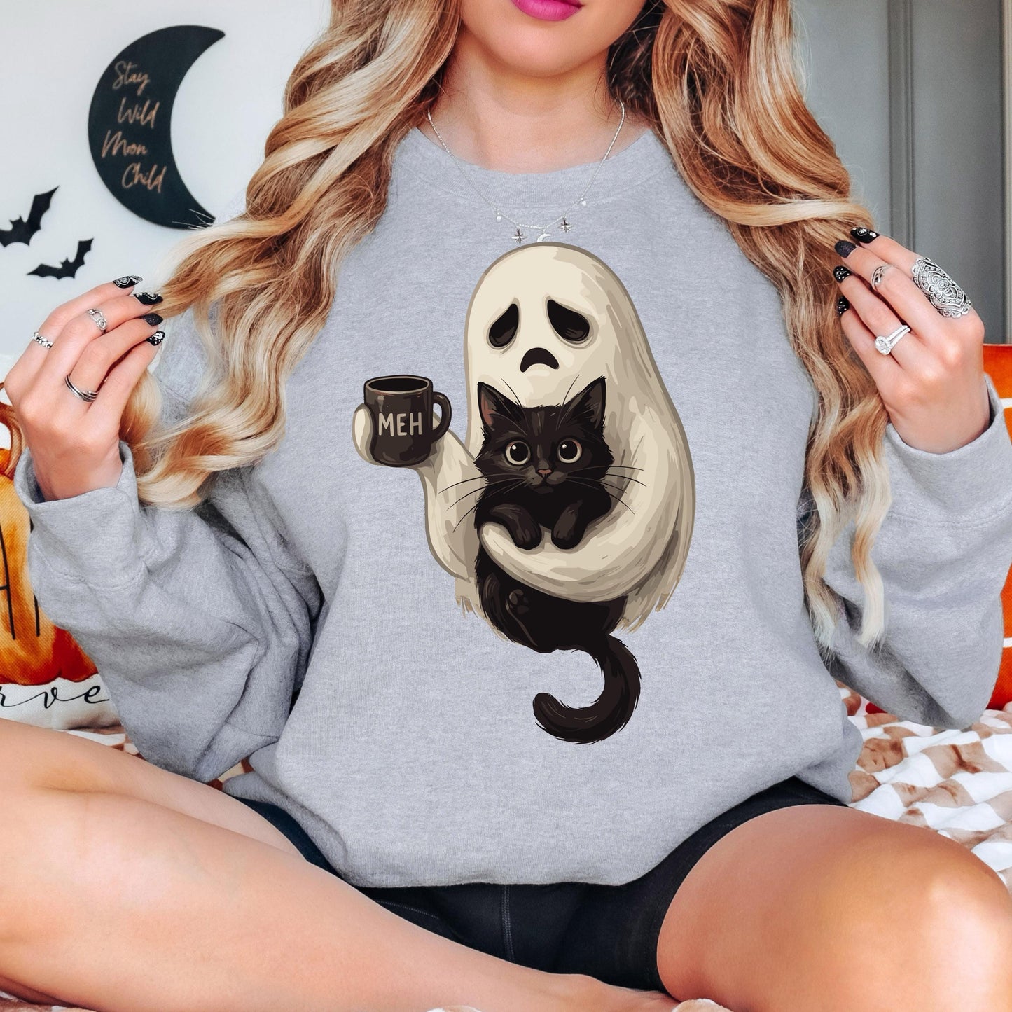 Ghost Cat Coffee Halloween Sweatshirt, Cute Ghost Cat Sweatshirt, Black Cat Halloween Sweatshirt