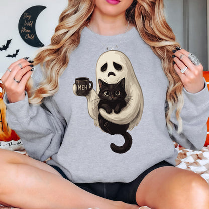 Ghost Cat Coffee Halloween Sweatshirt, Cute Ghost Cat Sweatshirt, Black Cat Halloween Sweatshirt