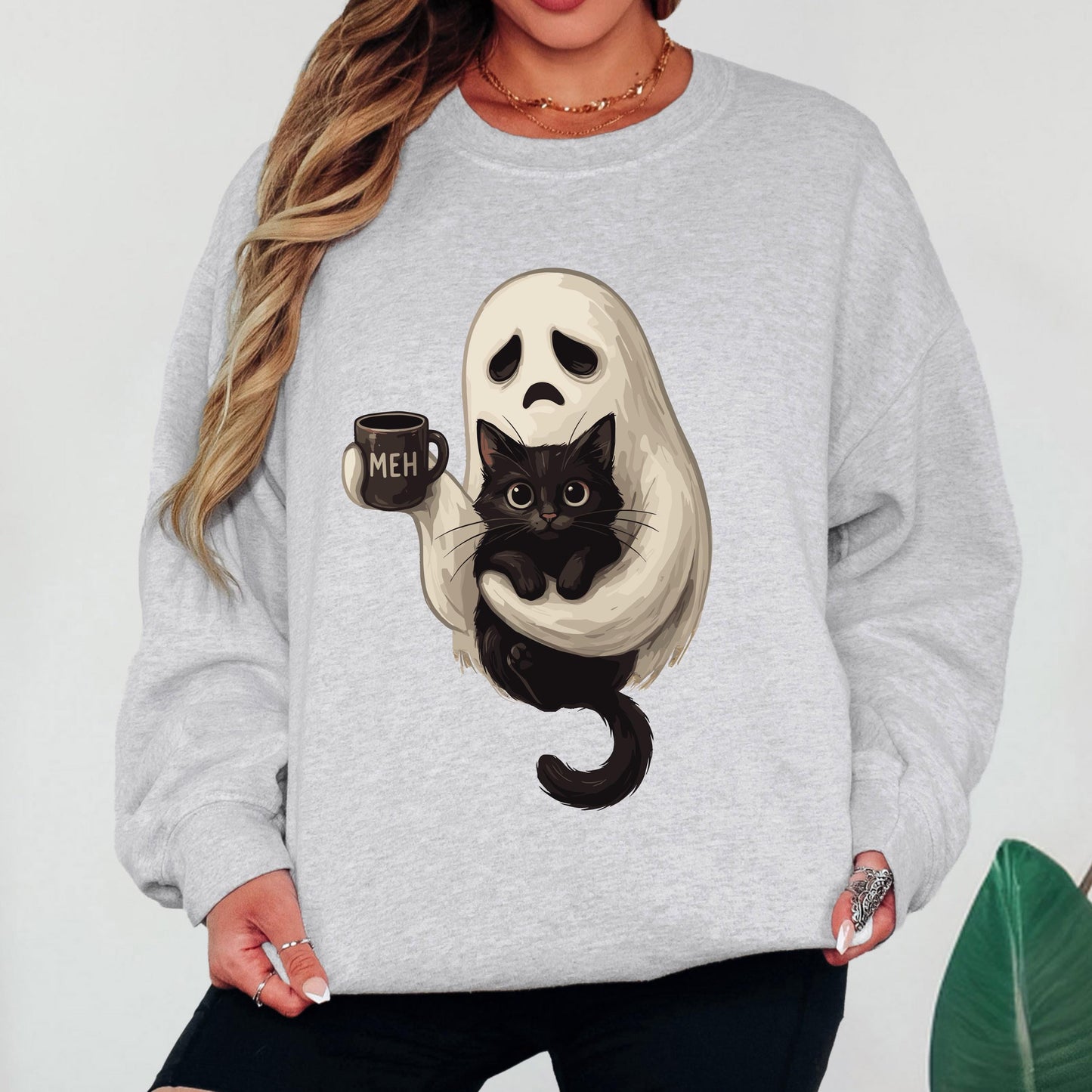 Ghost Cat Coffee Halloween Sweatshirt, Cute Ghost Cat Sweatshirt, Black Cat Halloween Sweatshirt