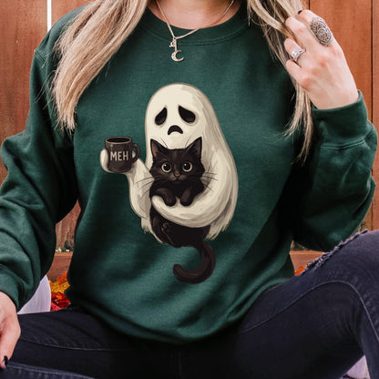 Ghost Cat Coffee Halloween Sweatshirt, Cute Ghost Cat Sweatshirt, Black Cat Halloween Sweatshirt