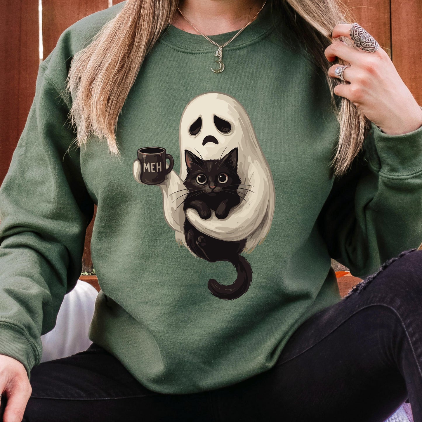 Ghost Cat Coffee Halloween Sweatshirt, Cute Ghost Cat Sweatshirt, Black Cat Halloween Sweatshirt