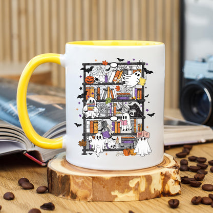 Ghost Bookshelf Coffee Mug, Halloween Ghost Mug, Book Lover Coffee Cup, Spooky Books Mug, Ceramic Mug, 11 oz Mug, 15 oz Mug