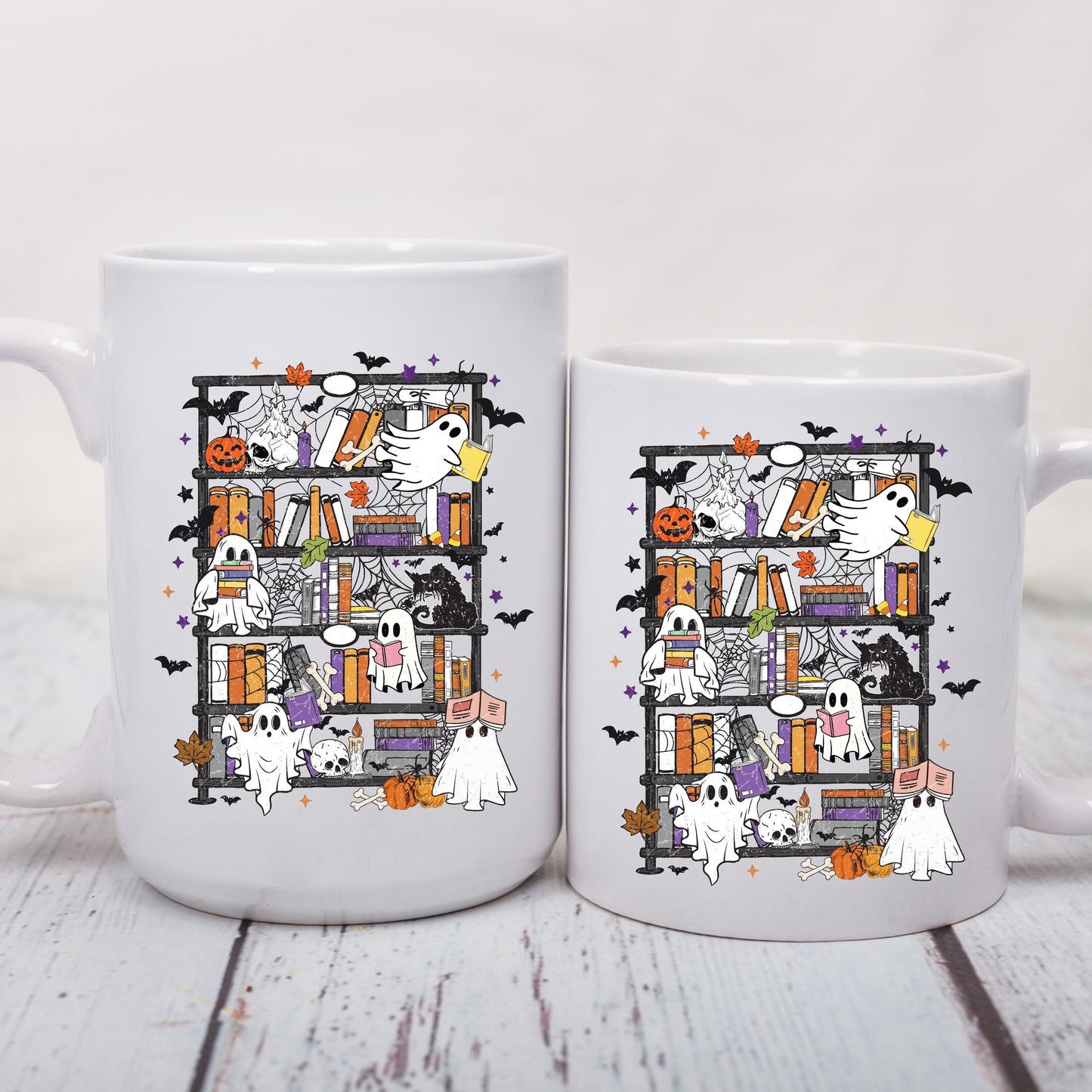 Ghost Bookshelf Coffee Mug, Halloween Ghost Mug, Book Lover Coffee Cup, Spooky Books Mug, Ceramic Mug, 11 oz Mug, 15 oz Mug