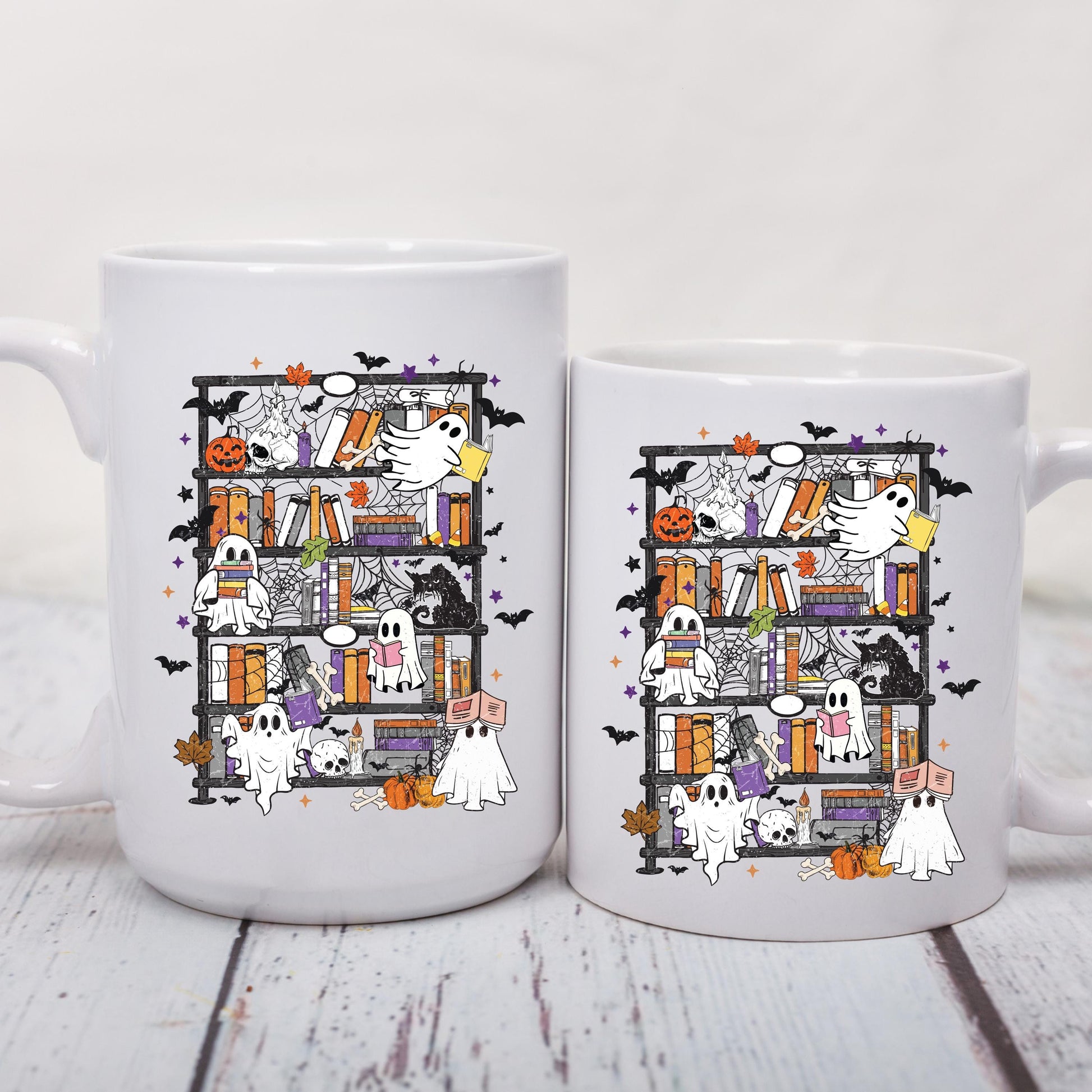 Ghost Bookshelf Coffee Mug, Halloween Ghost Mug, Book Lover Coffee Cup, Spooky Books Mug, Ceramic Mug, 11 oz Mug, 15 oz Mug
