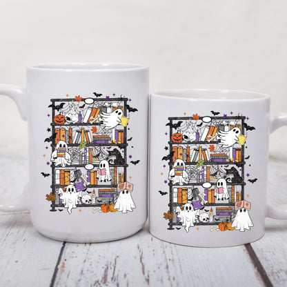 Ghost Bookshelf Coffee Mug, Halloween Ghost Mug, Book Lover Coffee Cup, Spooky Books Mug, Ceramic Mug, 11 oz Mug, 15 oz Mug