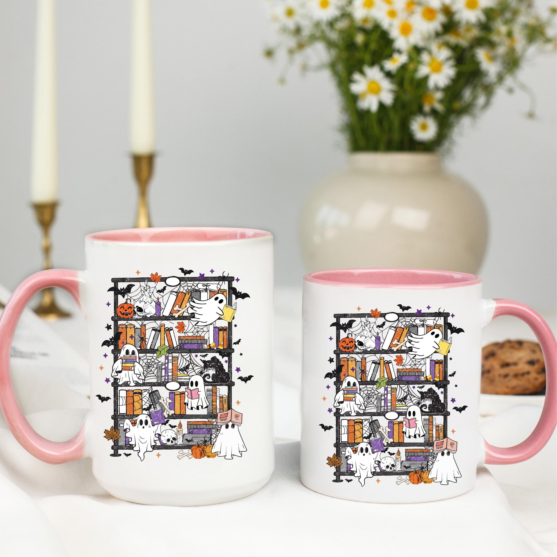 Ghost Bookshelf Coffee Mug, Halloween Ghost Mug, Book Lover Coffee Cup, Spooky Books Mug, Ceramic Mug, 11 oz Mug, 15 oz Mug