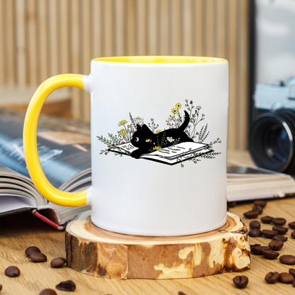 Black Cat Reading Coffee Mug, Book Lover Cat Mug, Reading Cat Coffee Cup, Cat Lover Mug, Ceramic Mug, 11 oz Mug, 15 oz Mug