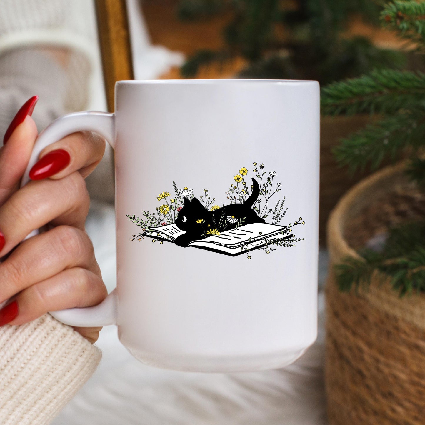 Black Cat Reading Coffee Mug, Book Lover Cat Mug, Reading Cat Coffee Cup, Cat Lover Mug, Ceramic Mug, 11 oz Mug, 15 oz Mug