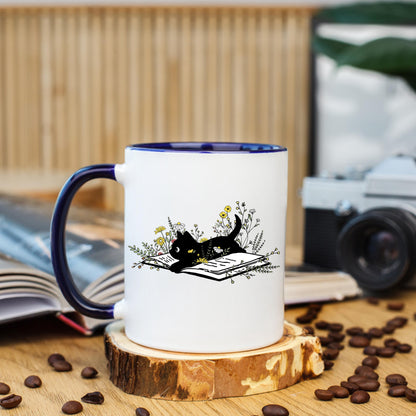 Black Cat Reading Coffee Mug, Book Lover Cat Mug, Reading Cat Coffee Cup, Cat Lover Mug, Ceramic Mug, 11 oz Mug, 15 oz Mug