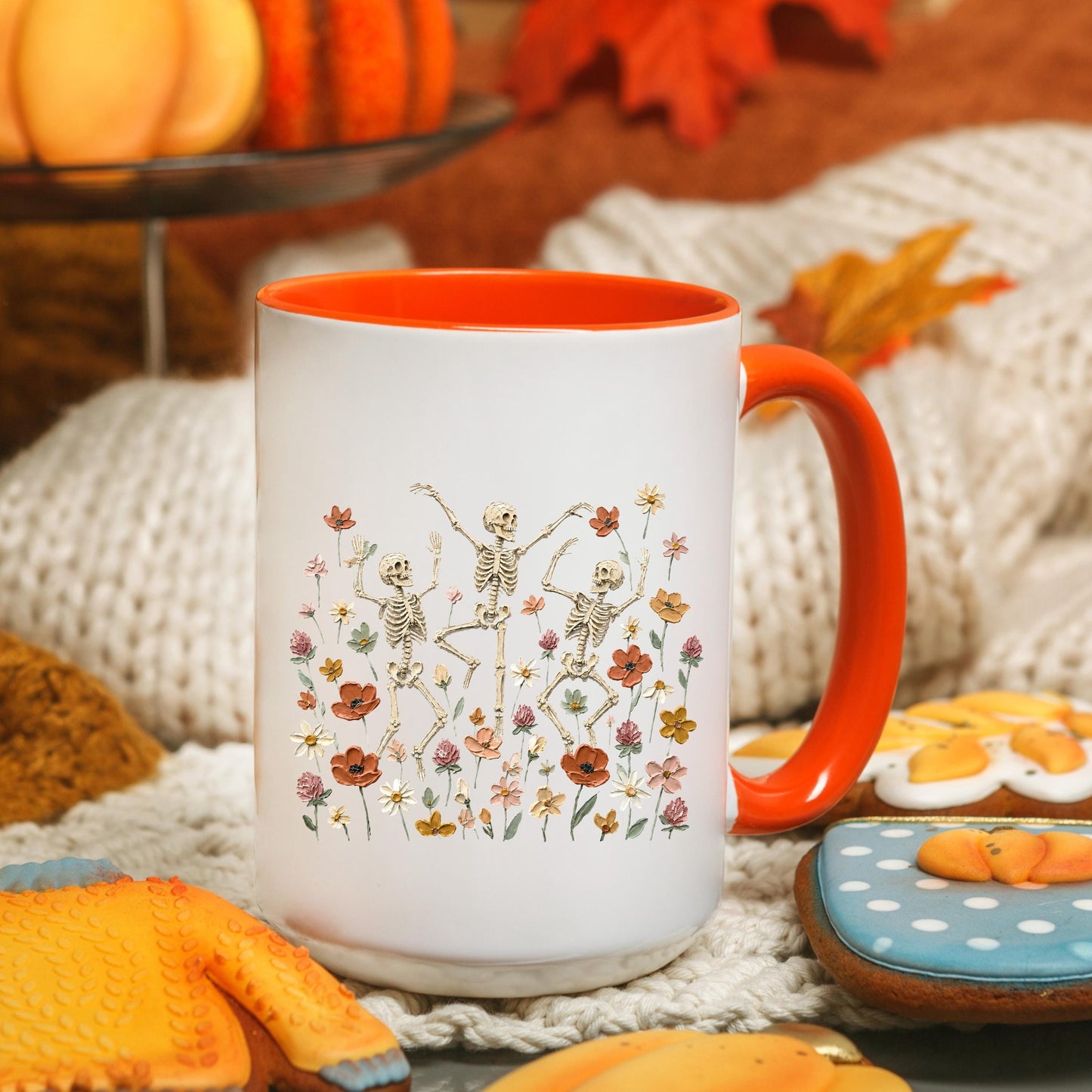 Dancing Skeleton Coffee Mug, Floral Skeleton Mug, Skeleton Coffee Cup, Spooky Mug, Ceramic Mug, 11 oz Mug, 15 oz Mug