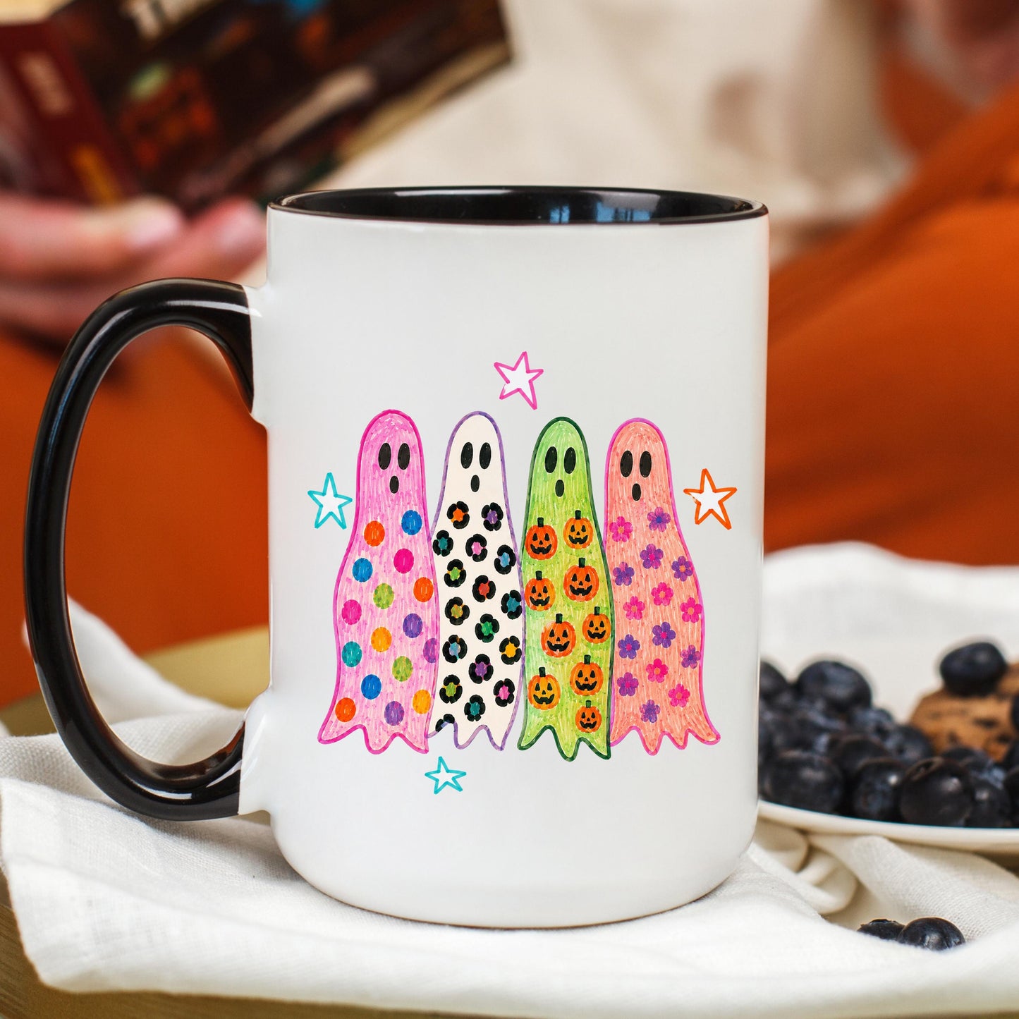 Cute Halloween Ghost Coffee Mug, Colorful Ghost Mug, Spooky Coffee Cup, Ghost Lover Mug, Ceramic Mug, 11 oz Mug, 15 oz Mug