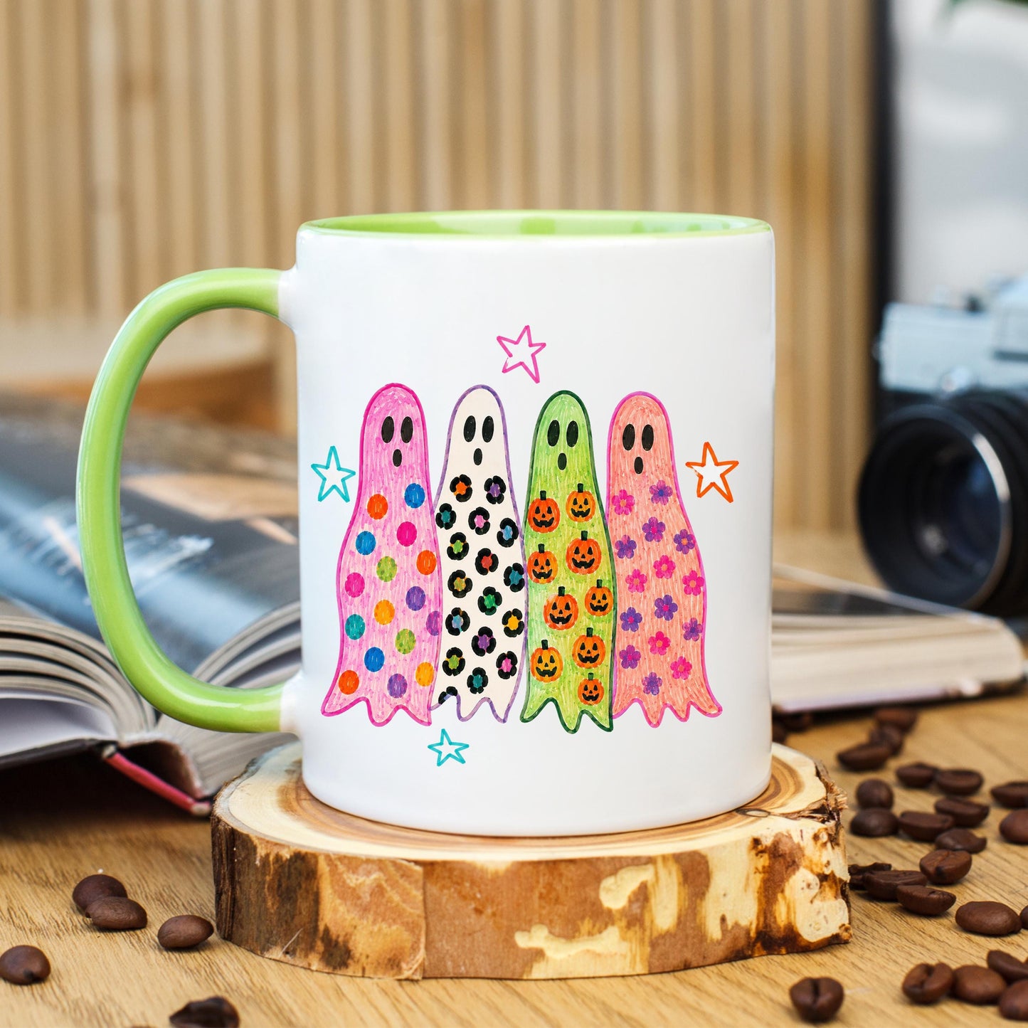 Cute Halloween Ghost Coffee Mug, Colorful Ghost Mug, Spooky Coffee Cup, Ghost Lover Mug, Ceramic Mug, 11 oz Mug, 15 oz Mug