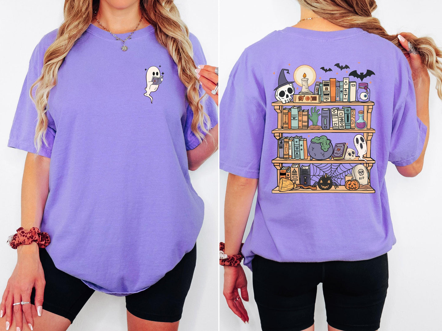 Spooky Bookshelf Halloween Shirt, Book Lover Halloween Shirt, Ghost Reading Shirt, Comfort Colors Tee
