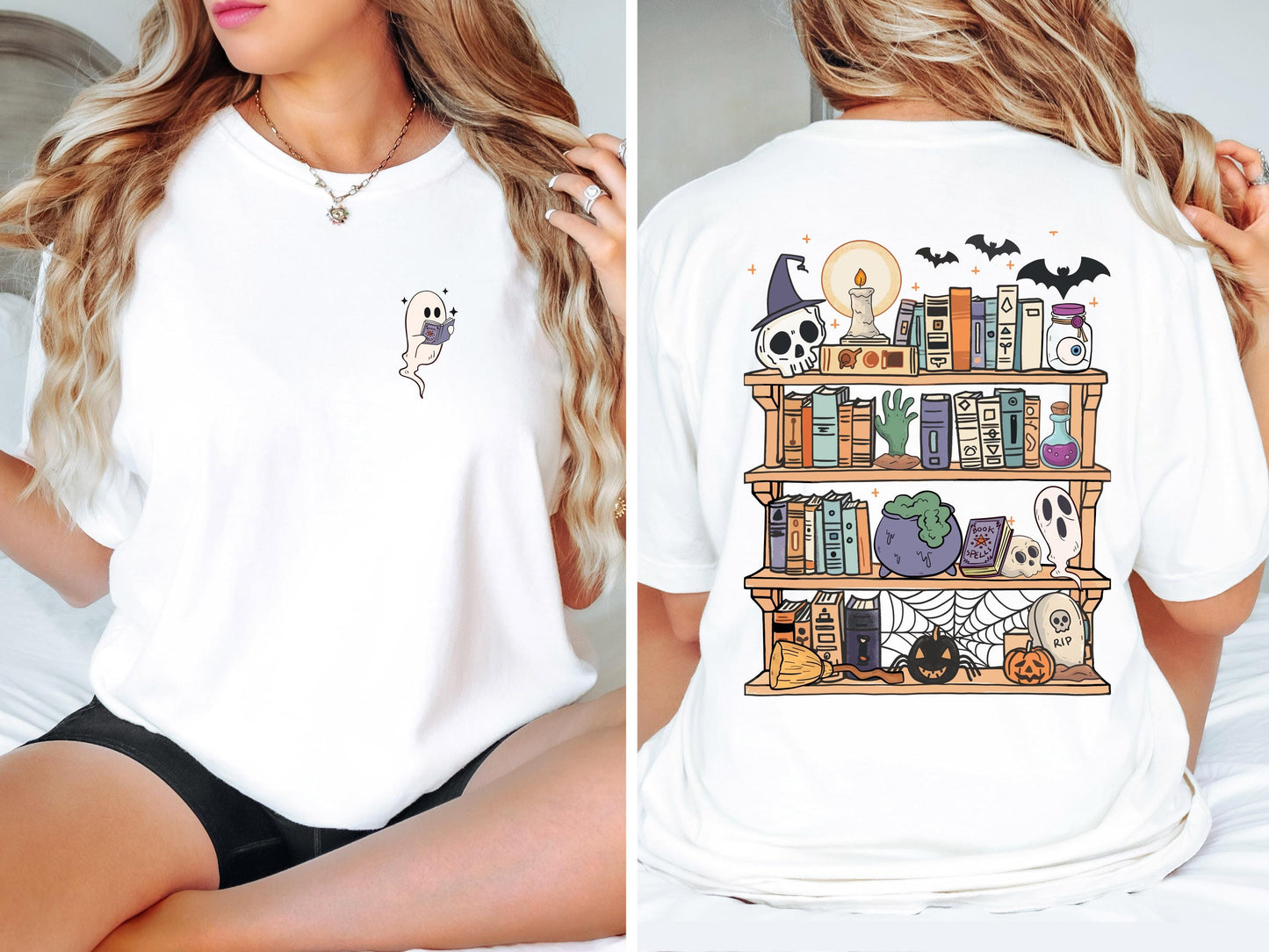 Spooky Bookshelf Halloween Shirt, Book Lover Halloween Shirt, Ghost Reading Shirt, Comfort Colors Tee