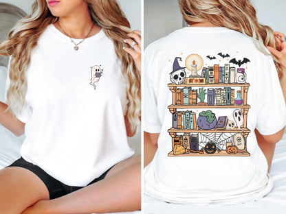 Spooky Bookshelf Halloween Shirt, Book Lover Halloween Shirt, Ghost Reading Shirt, Comfort Colors Tee