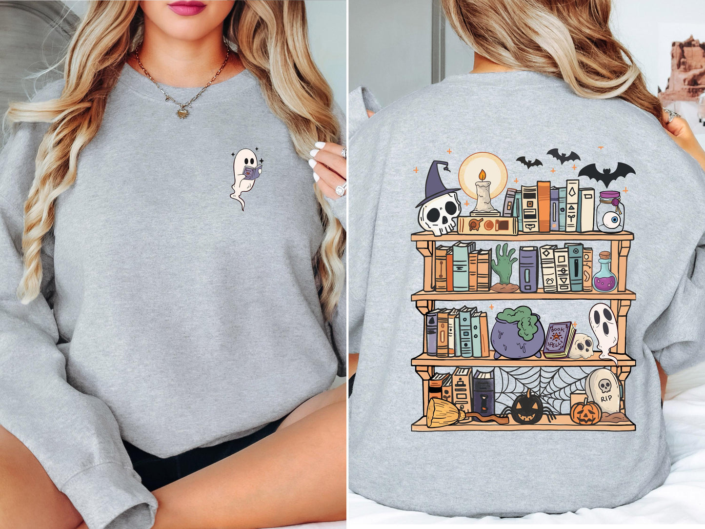 Spooky Bookshelf Halloween Sweatshirt, Book Lover Halloween Sweatshirt, Ghost Reading Sweatshirt