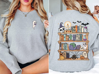 Spooky Bookshelf Halloween Sweatshirt, Book Lover Halloween Sweatshirt, Ghost Reading Sweatshirt