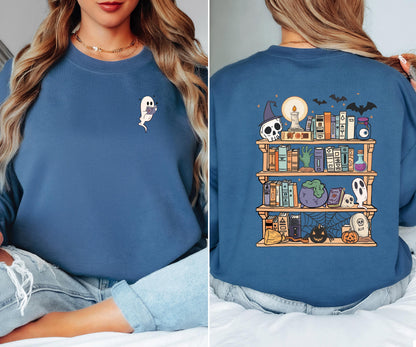 Spooky Bookshelf Halloween Sweatshirt, Book Lover Halloween Sweatshirt, Ghost Reading Sweatshirt