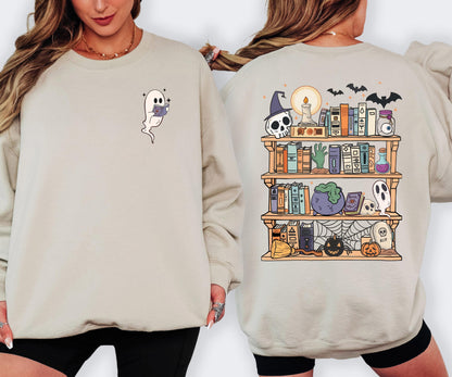 Spooky Bookshelf Halloween Sweatshirt, Book Lover Halloween Sweatshirt, Ghost Reading Sweatshirt