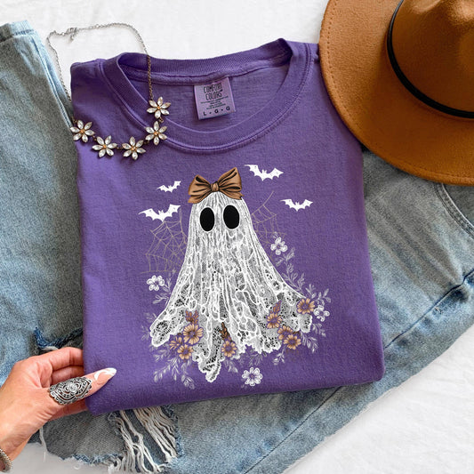 Halloween Ghost T Shirt, Cute Bow Ghost Graphic Tee, Comfort Colors Halloween Top, Spooky Season Shirt, Lace Ghost Fall Graphic Tee