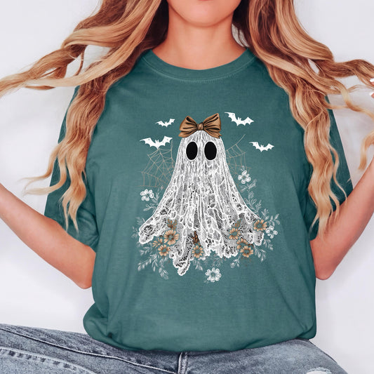 Halloween Ghost T Shirt, Cute Bow Ghost Graphic Tee, Comfort Colors Halloween Top, Spooky Season Shirt, Lace Ghost Fall Graphic Tee