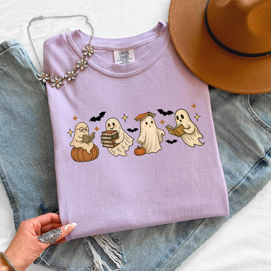 Bookish Ghosts Halloween Shirt Reading Ghost Tee Cozy Fall Sweatshirt Hoodie Spooky Book Lover Top Cute Ghost Shirt for Readers