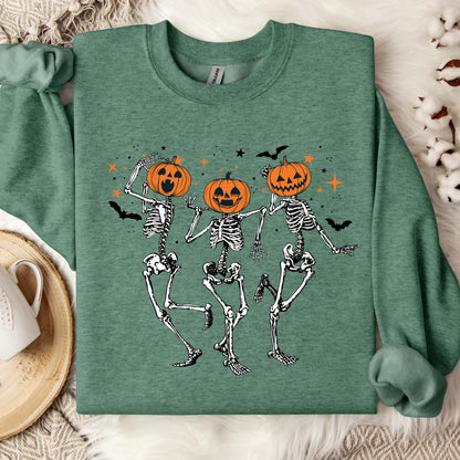 Pumpkin Skeleton Sweatshirt, Dancing Skeleton Crewneck, Cute Halloween Sweatshirt, Vintage Spooky Season Sweatshirt, Fall Crewneck