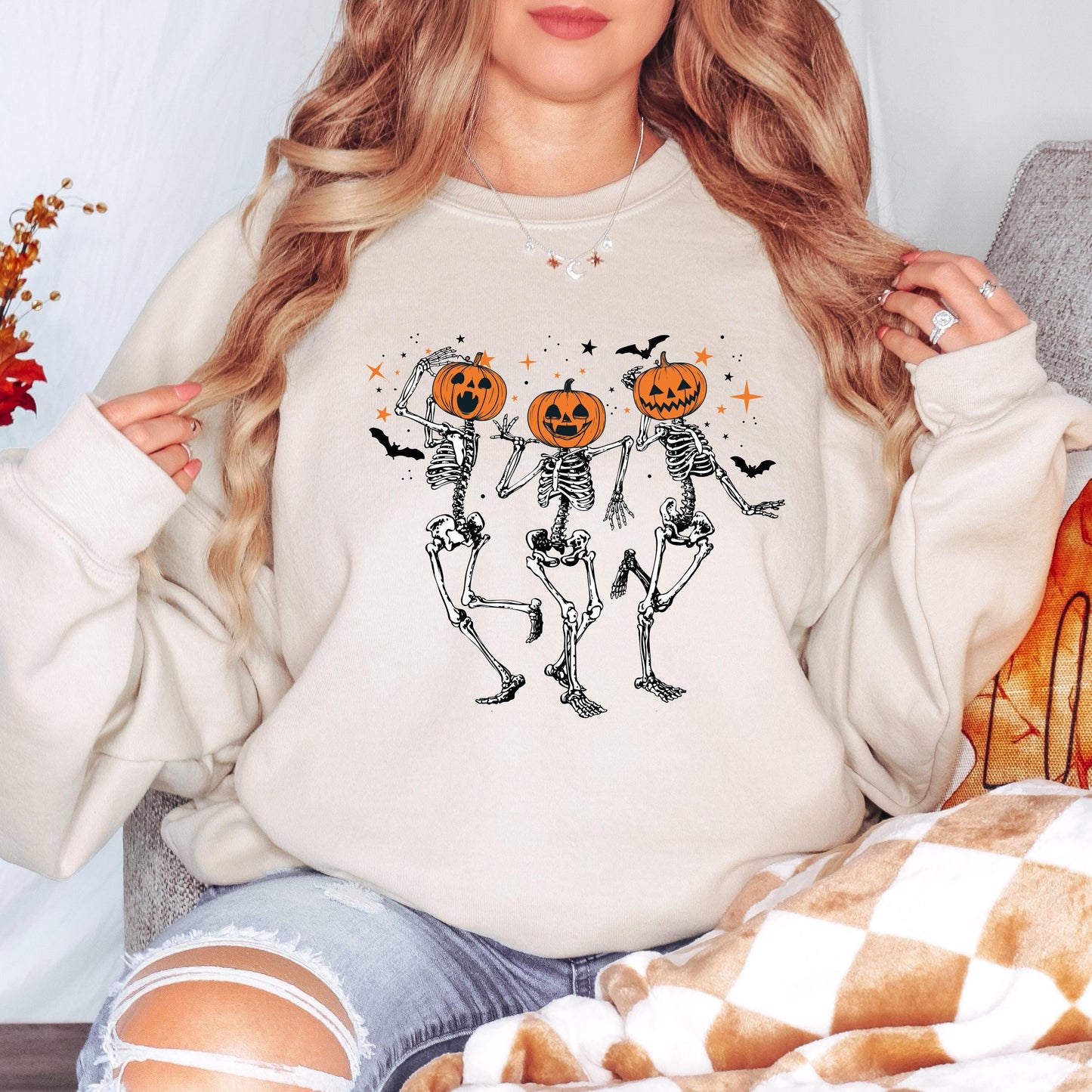 Pumpkin Skeleton Sweatshirt, Dancing Skeleton Crewneck, Cute Halloween Sweatshirt, Vintage Spooky Season Sweatshirt, Fall Crewneck