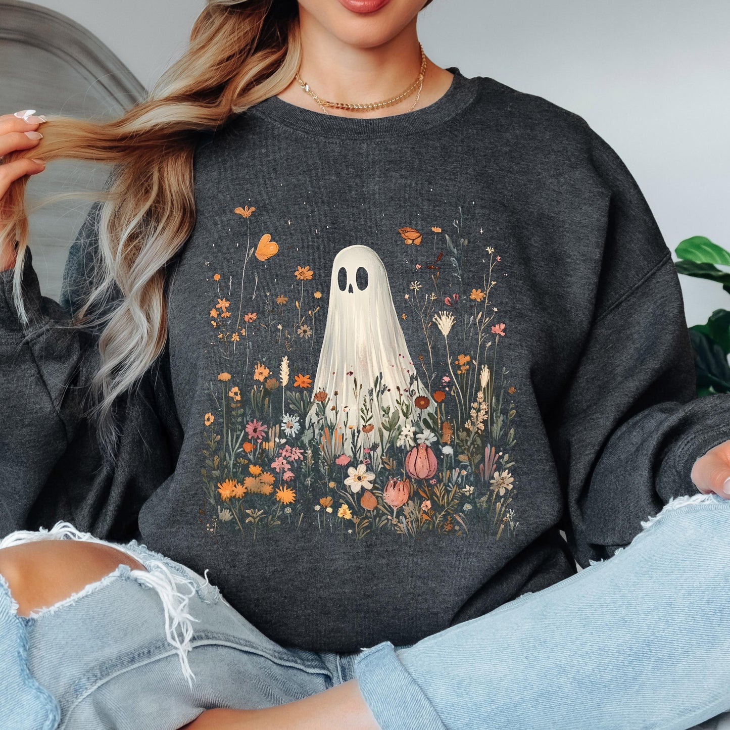 Ghost Wildflower Sweatshirt, Cute Halloween Sweatshirt, Floral Ghost Crewneck, Spooky Cottagecore Sweatshirt, Fall Ghost Pullover