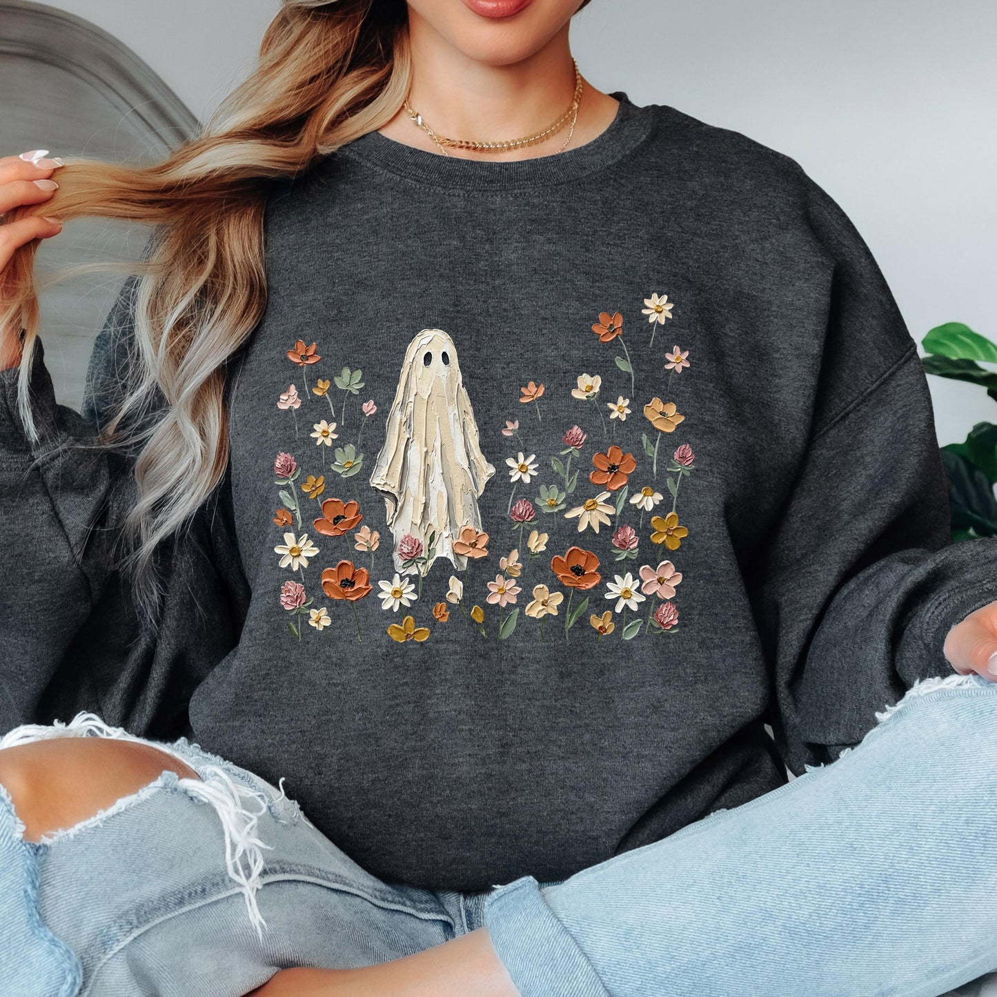 Ghost Wildflower Sweatshirt, Cute Halloween Sweatshirt, Floral Ghost Crewneck, Spooky Cottagecore Sweatshirt, Fall Ghost Pullover
