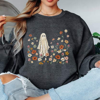 Ghost Wildflower Sweatshirt, Cute Halloween Sweatshirt, Floral Ghost Crewneck, Spooky Cottagecore Sweatshirt, Fall Ghost Pullover