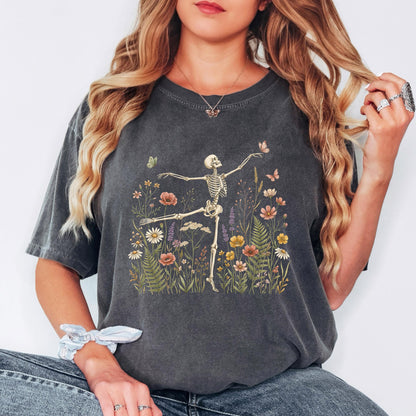 Dancing Skeleton Shirt, Floral Skeleton Tee, Halloween Skeleton Shirt, Wildflower Skeleton Tee, Comfort Colors Shirt